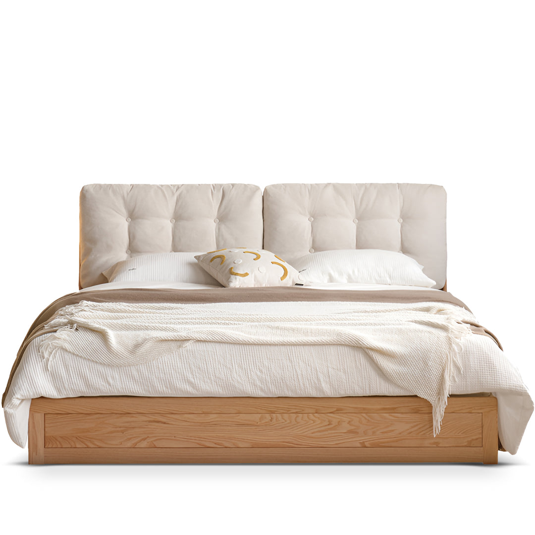 Scandinavian oak wood corduroy velvet fabric storage bed velure in white background.