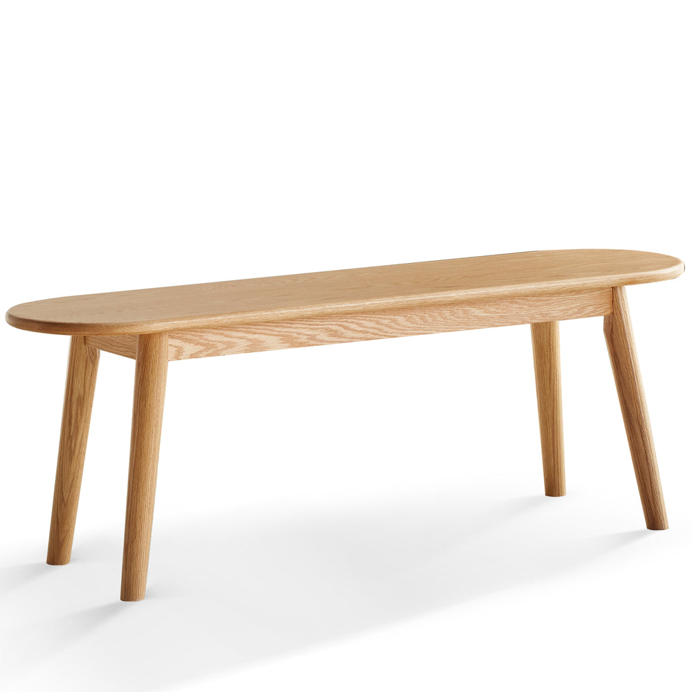 Scandinavian oak wood dining bench arc in white background.