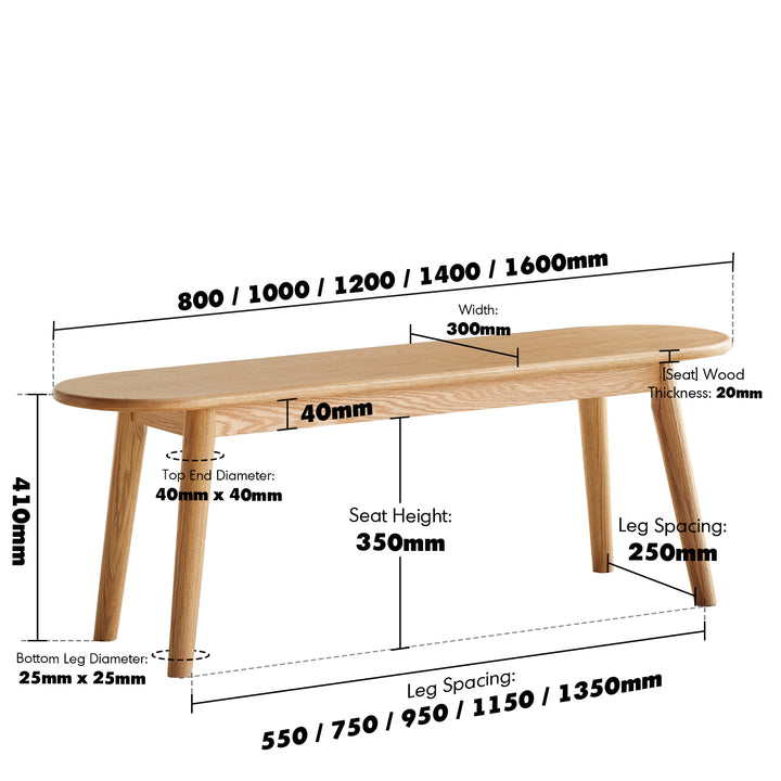 Scandinavian oak wood dining bench arc size charts.