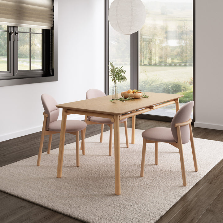 Scandinavian oak wood dining table beem in still life.