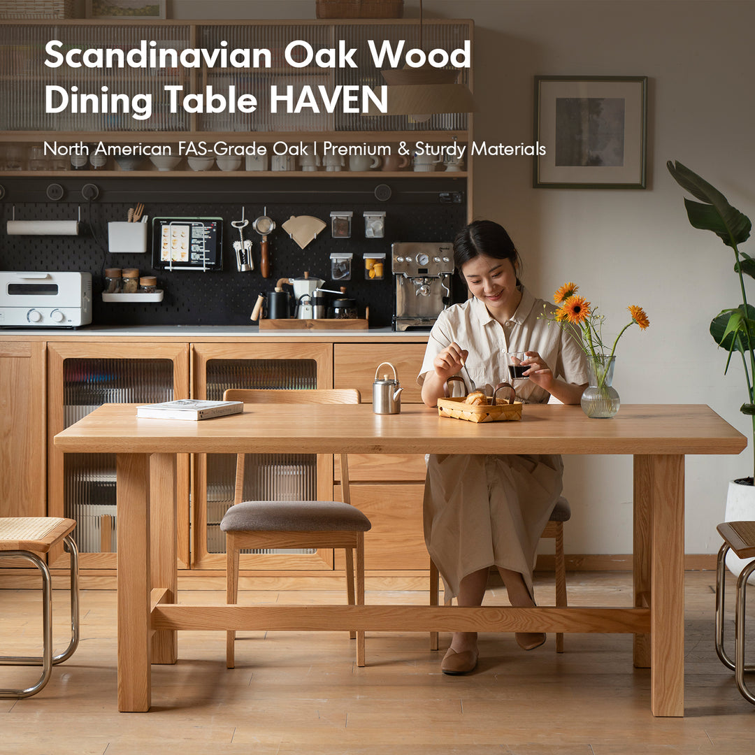 Scandinavian oak wood dining table haven material variants.