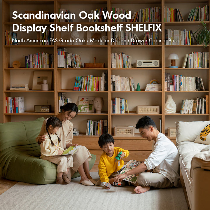 Scandinavian oak wood display shelf bookshelf shelfix in real life style.