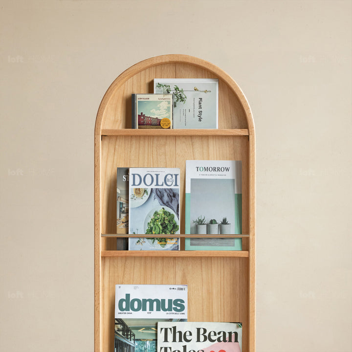 Scandinavian oak wood dressing mirror shelf with caster wheels vista layered structure.