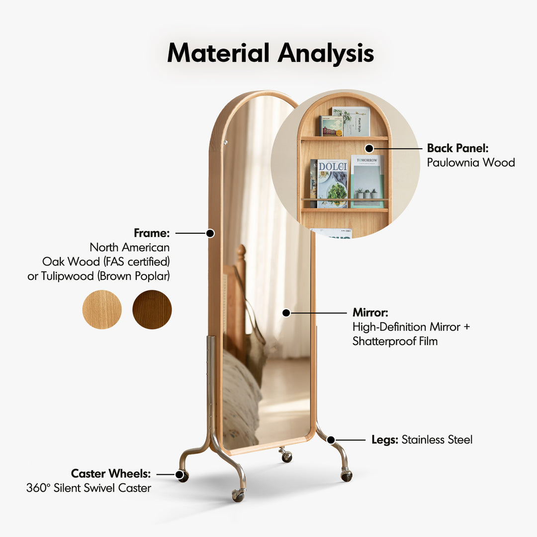 Scandinavian oak wood dressing mirror shelf with caster wheels vista detail 3.