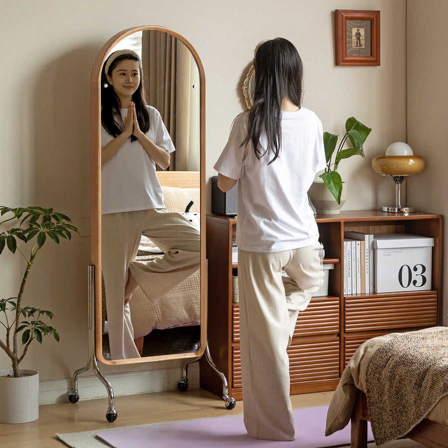 Scandinavian oak wood dressing mirror shelf with caster wheels vista primary product view.