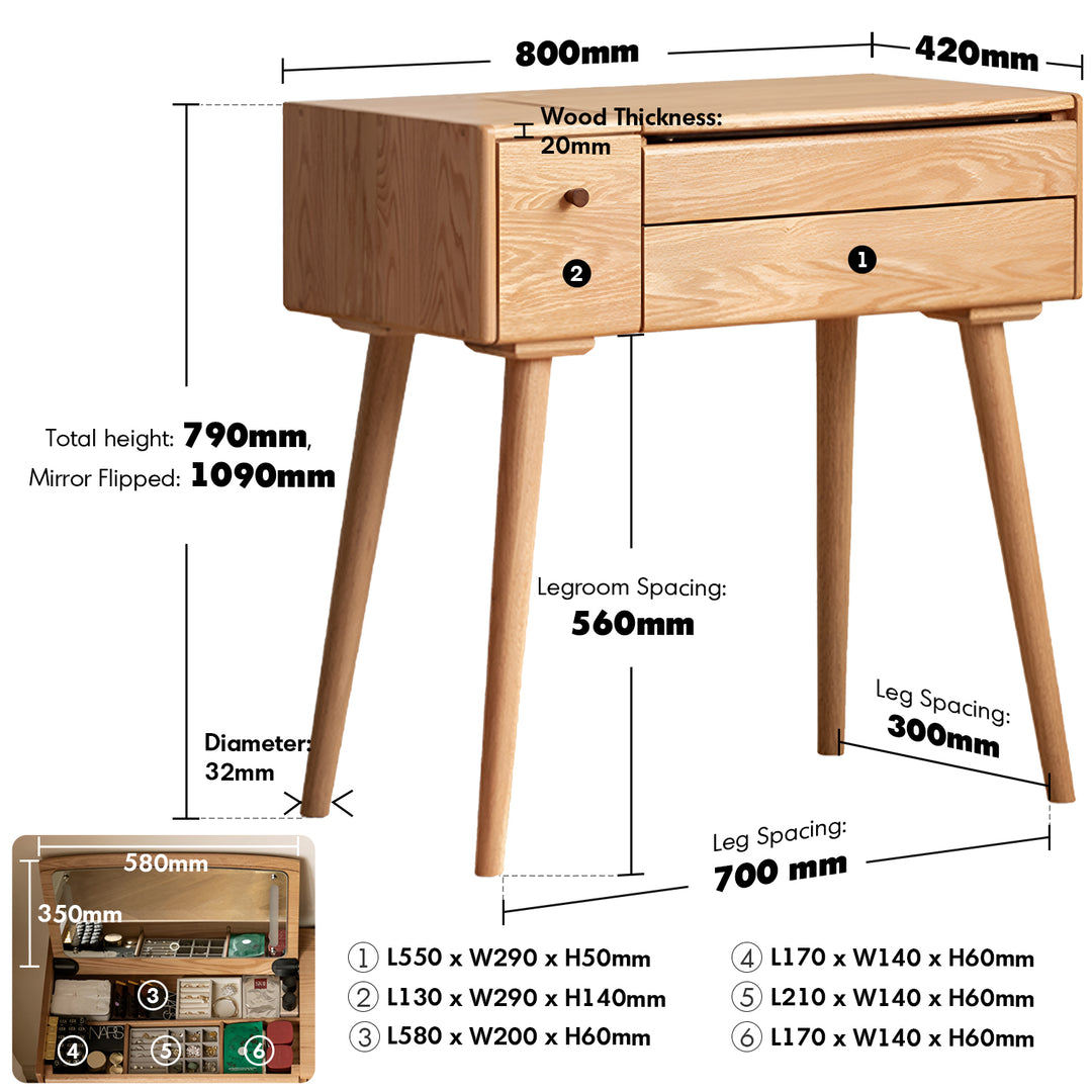 Scandinavian oak wood dressing table aura size charts.