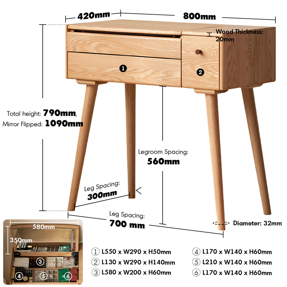 Scandinavian oak wood dressing table aura size charts.