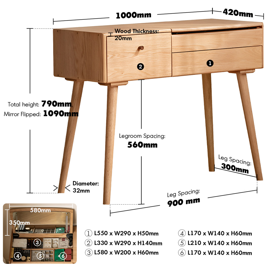 Scandinavian oak wood dressing table aura color swatches.