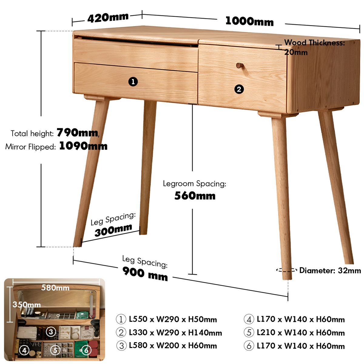 Scandinavian oak wood dressing table aura color swatches.