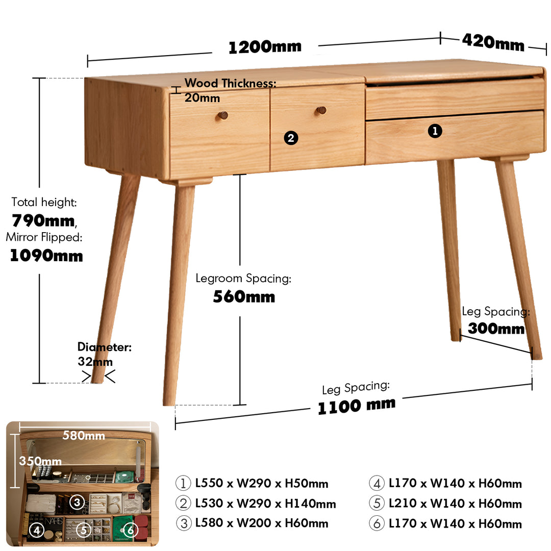 Scandinavian oak wood dressing table aura material variants.