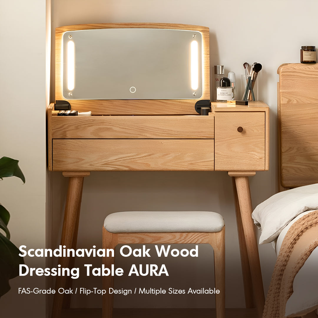 Scandinavian oak wood dressing table aura with context.