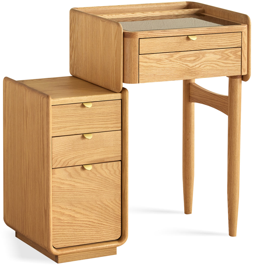 Scandinavian oak wood dressing table with chest of drawers pure in white background.