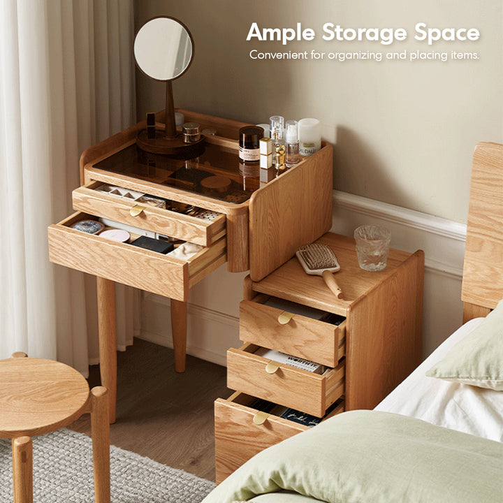 Scandinavian oak wood dressing table with chest of drawers pure in real life style.