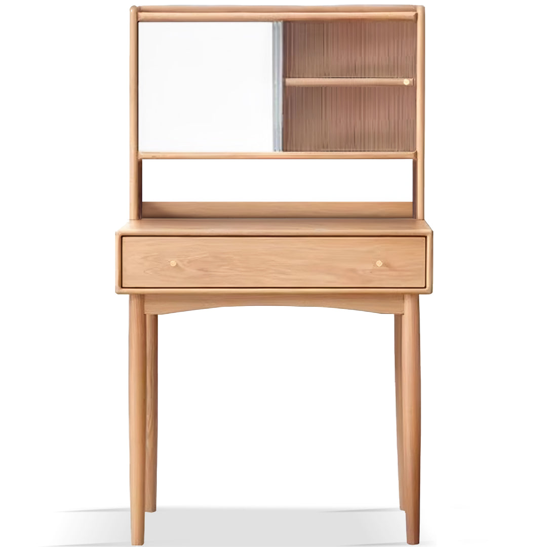 Scandinavian oak wood dressing table with mirror gleam in white background.