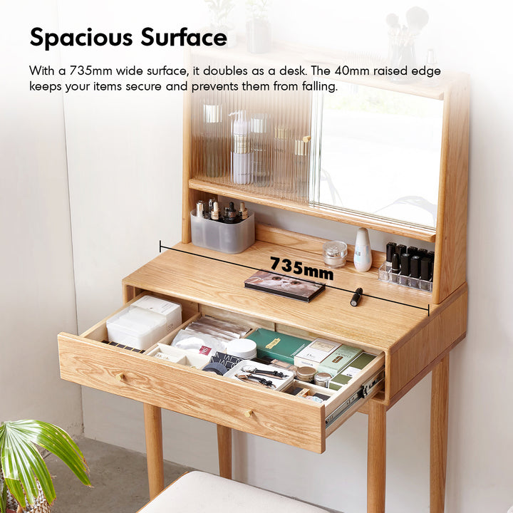 Scandinavian oak wood dressing table with mirror gleam environmental situation.