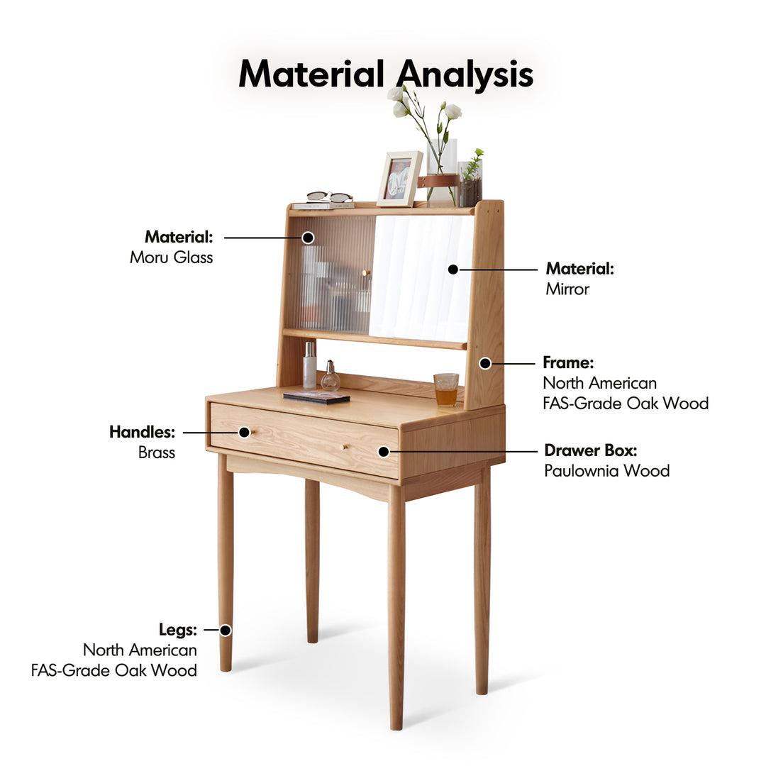 Scandinavian oak wood dressing table with mirror gleam detail 3.