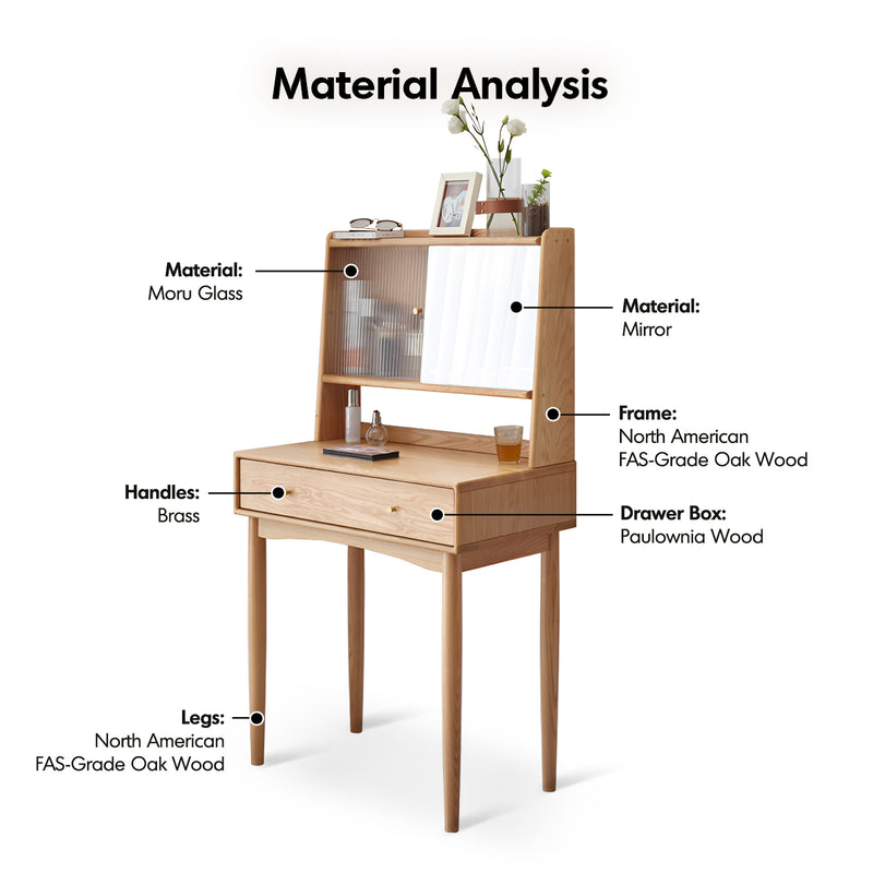 Scandinavian oak wood moru glass dressing table with mirror gleam detail 6.