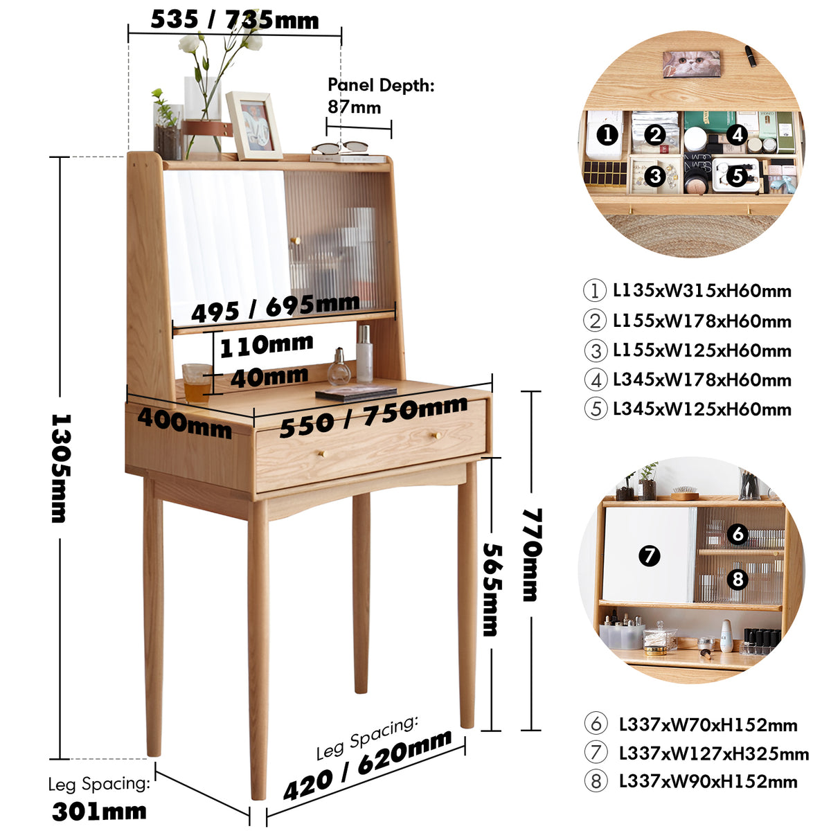 Scandinavian oak wood moru glass dressing table with mirror gleam size charts.