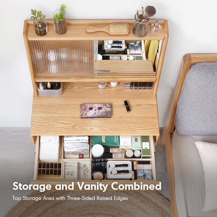 Scandinavian oak wood dressing table with mirror gleam with context.