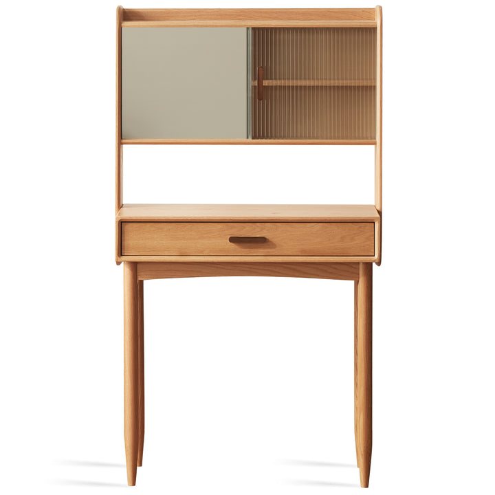 Scandinavian oak wood dressing table with mirror nia in white background.