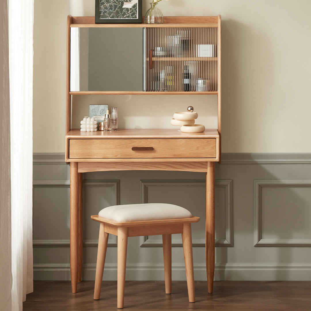 Scandinavian oak wood dressing table with mirror nia primary product view.