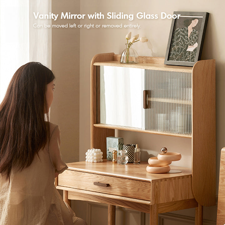 Scandinavian oak wood dressing table with mirror nia in close up details.