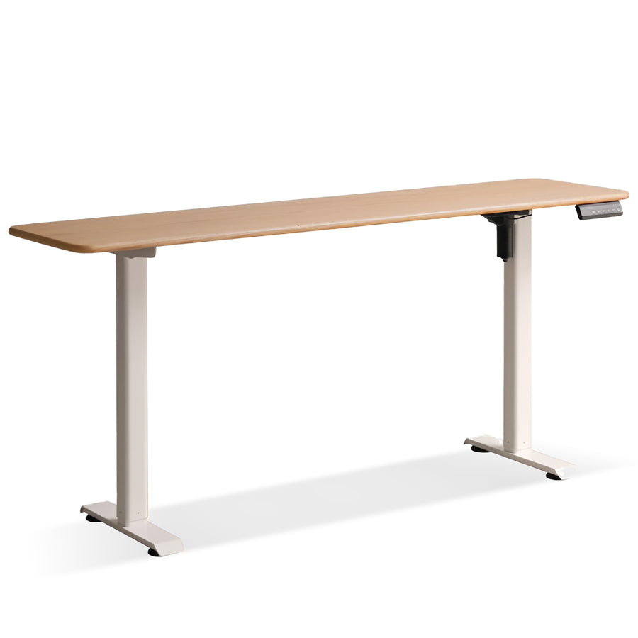 Scandinavian oak wood electric height adjustable slim study table slimlift in white background.