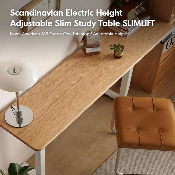 Scandinavian oak wood electric height adjustable slim study table slimlift material variants.