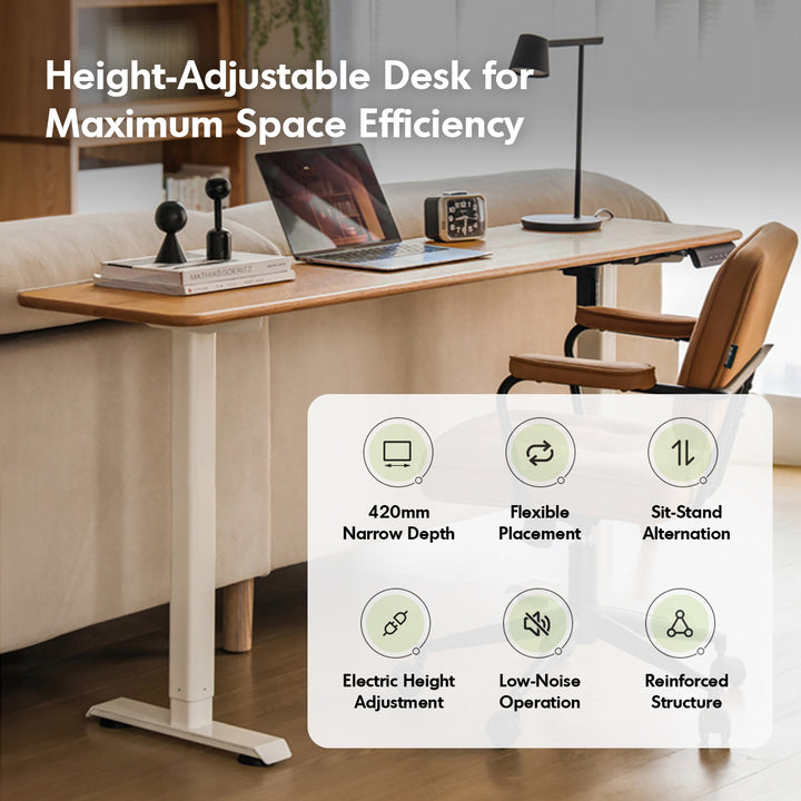 Scandinavian oak wood electric height adjustable slim study table slimlift with context.