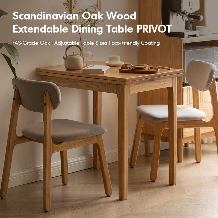 Scandinavian oak wood extendable dining table privot material variants.