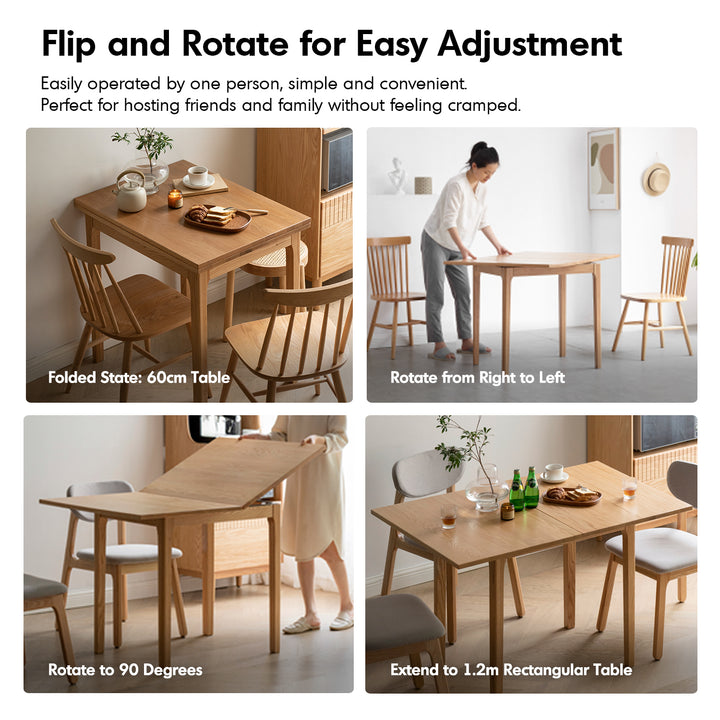 Scandinavian oak wood extendable dining table privot with context.