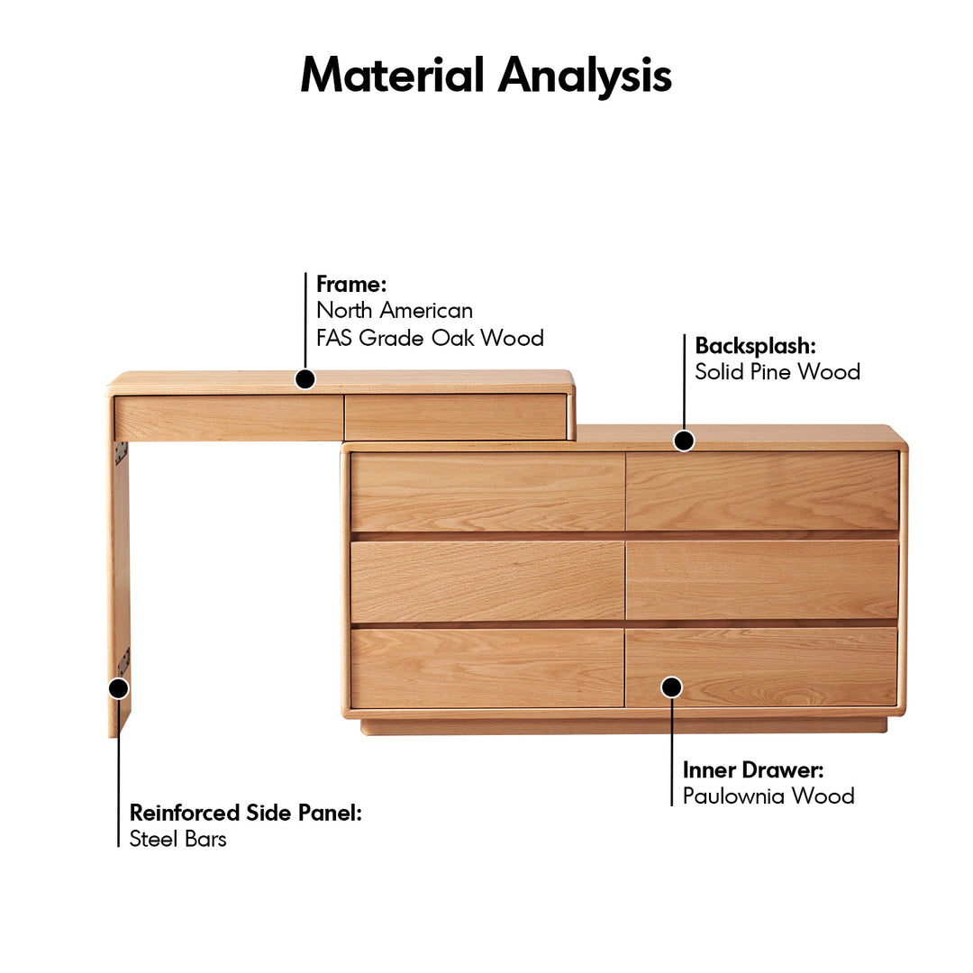 Scandinavian oak wood extendable dressing table with chest of drawers blend detail 3.