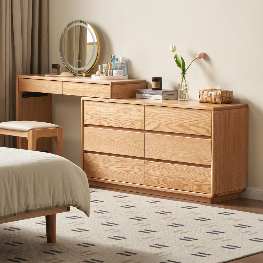 Scandinavian oak wood extendable dressing table with chest of drawers blend primary product view.