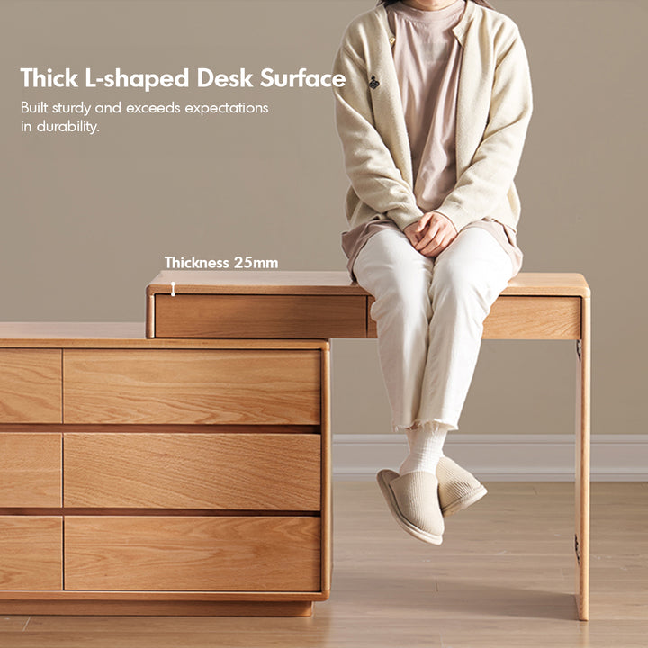 Scandinavian oak wood extendable dressing table with chest of drawers blend with context.