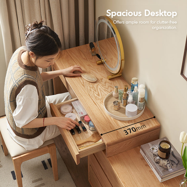 Scandinavian oak wood extendable dressing table with chest of drawers blend in close up details.