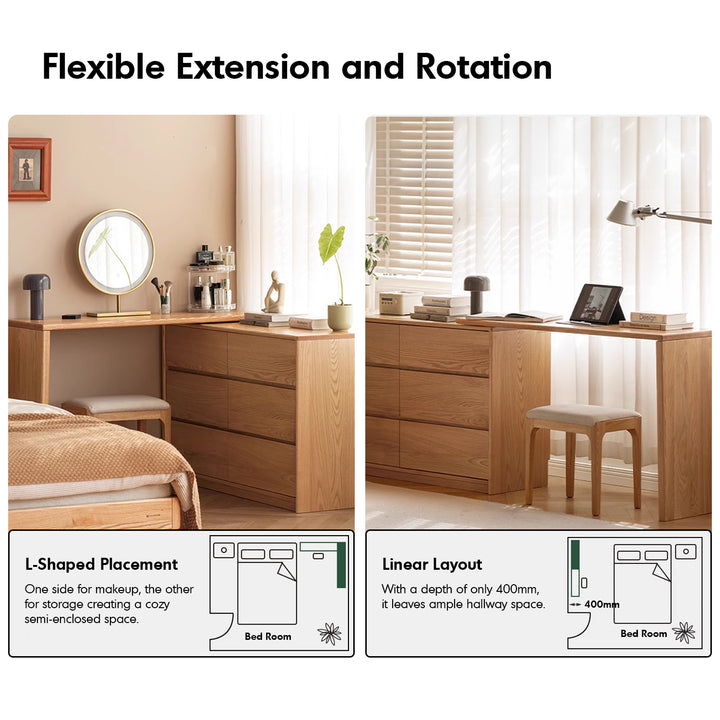 Scandinavian Oak Wood Extendable Dressing Table With Chest Of Drawers VISTA