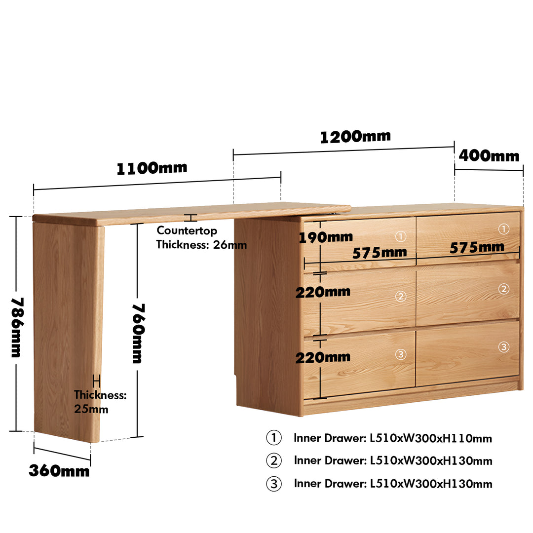 Scandinavian Oak Wood Extendable Dressing Table With Chest Of Drawers VISTA