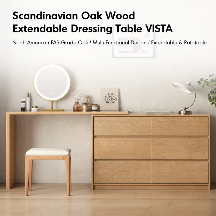 Scandinavian Oak Wood Extendable Dressing Table With Chest Of Drawers VISTA