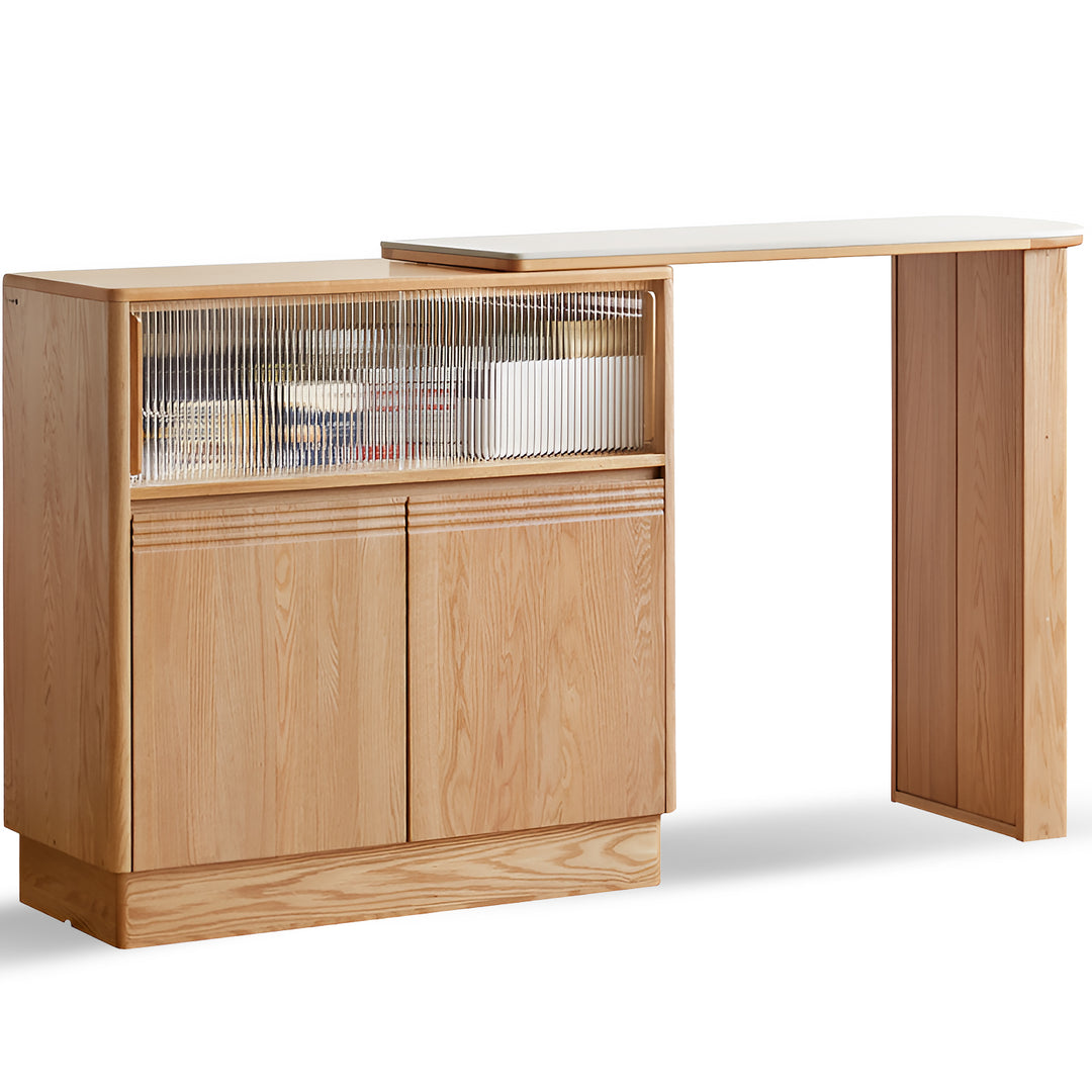 Scandinavian oak wood extendable storage bar table expandi in white background.