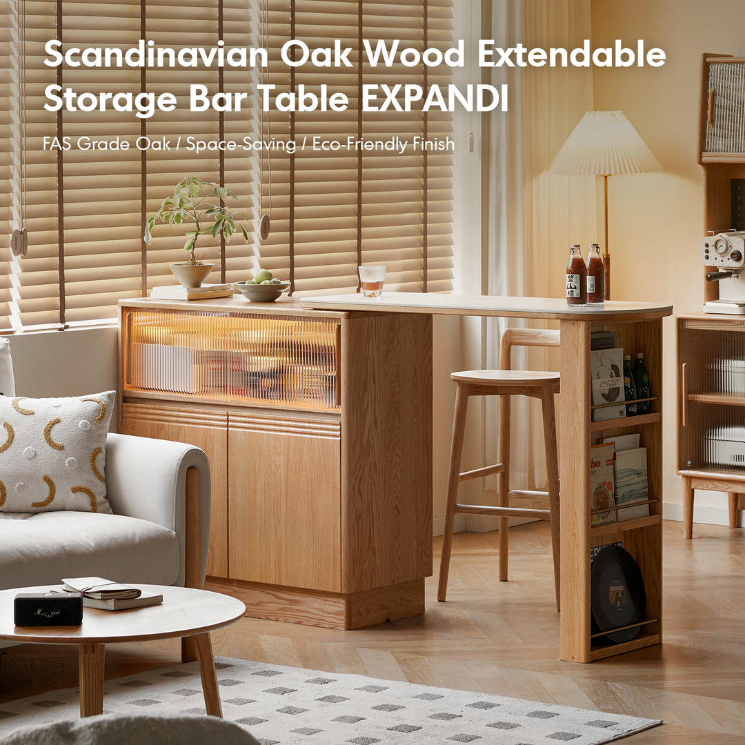 Scandinavian oak wood extendable storage bar table expandi in real life style.