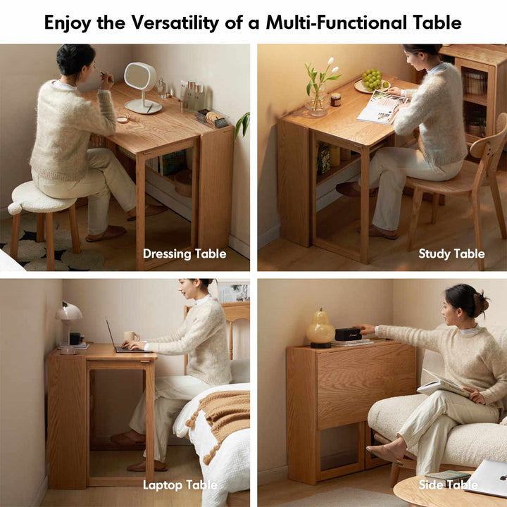 Scandinavian oak wood extendable study table jora layered structure.