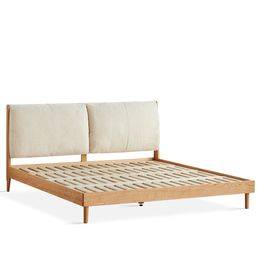 Scandinavian oak wood fabric bed rutland in white background.