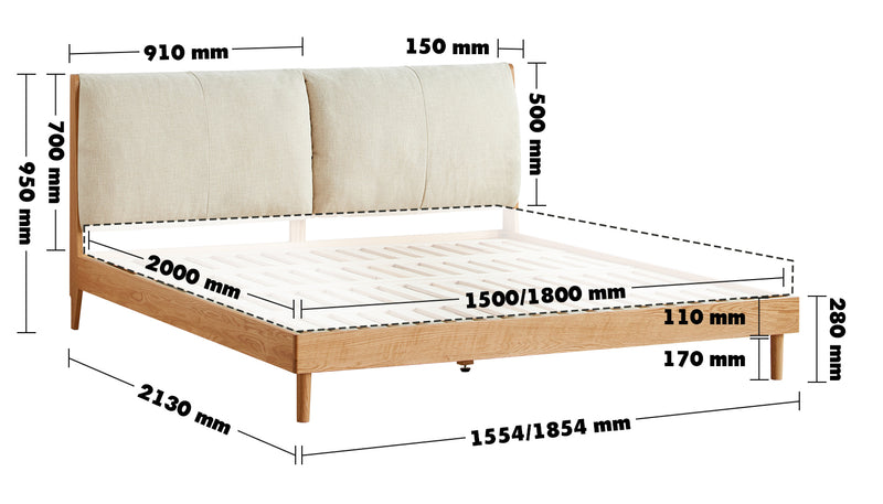 Scandinavian Oak Wood Fabric Bed RUTLAND Size Chart