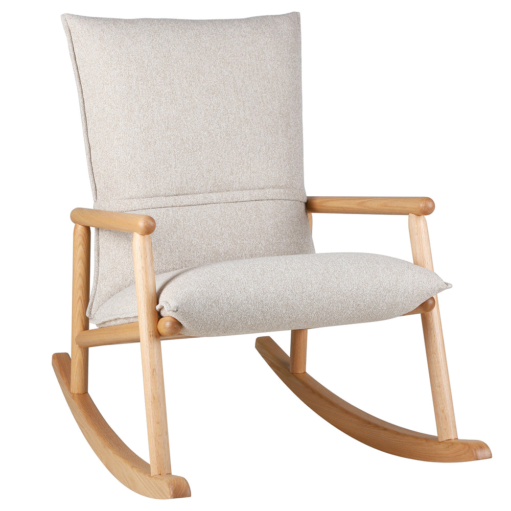 Scandinavian oak wood fabric rocking chair may in white background.