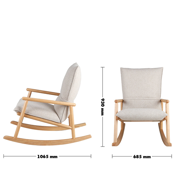 Scandinavian oak wood fabric rocking chair may size charts.