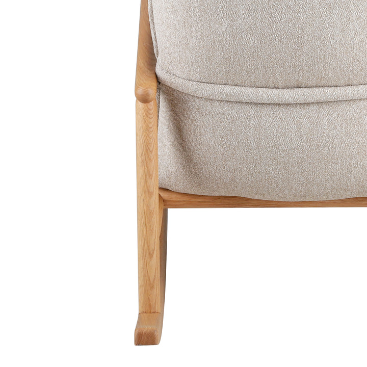 Scandinavian oak wood fabric rocking chair may in details.