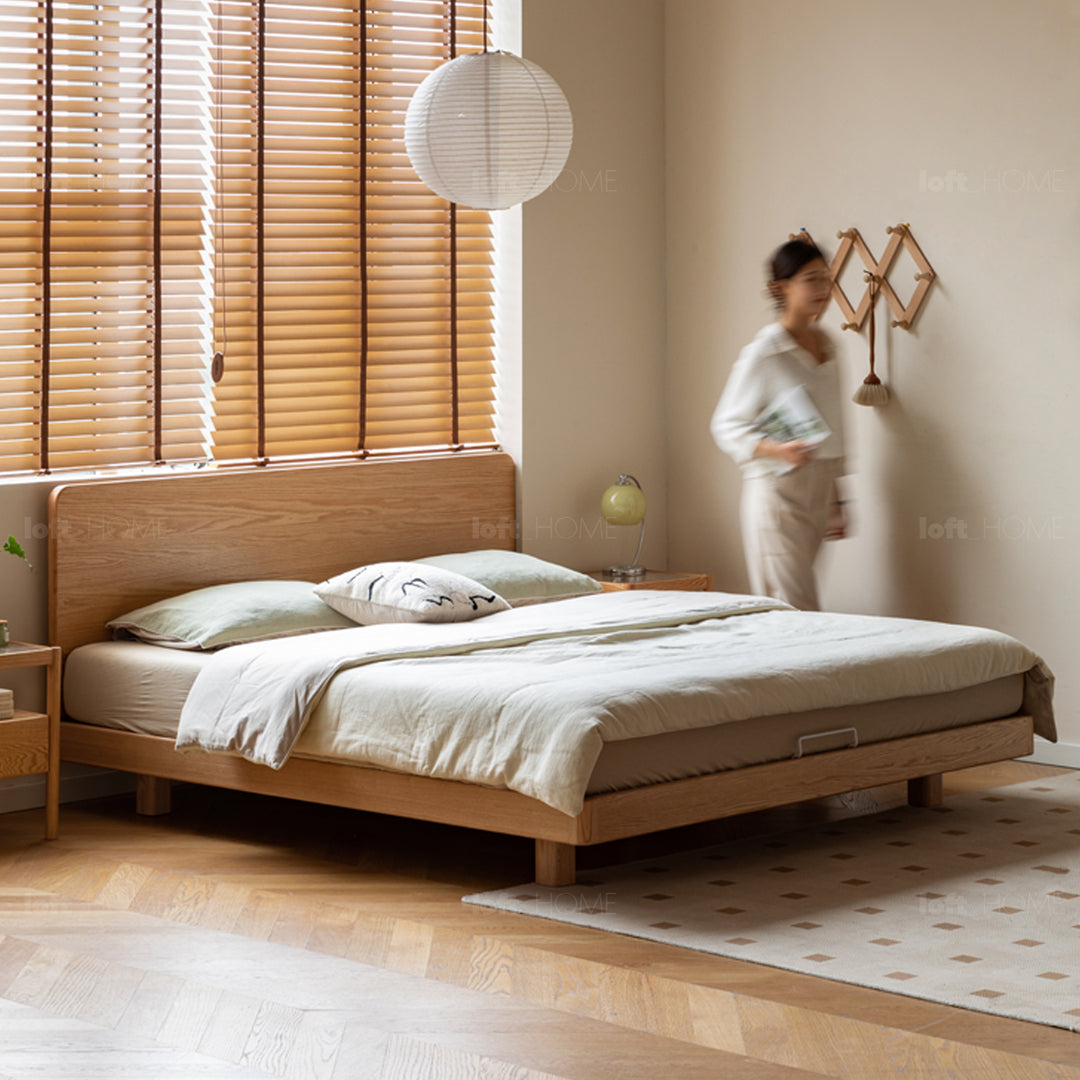 Scandinavian oak wood floating bed drift in panoramic view.