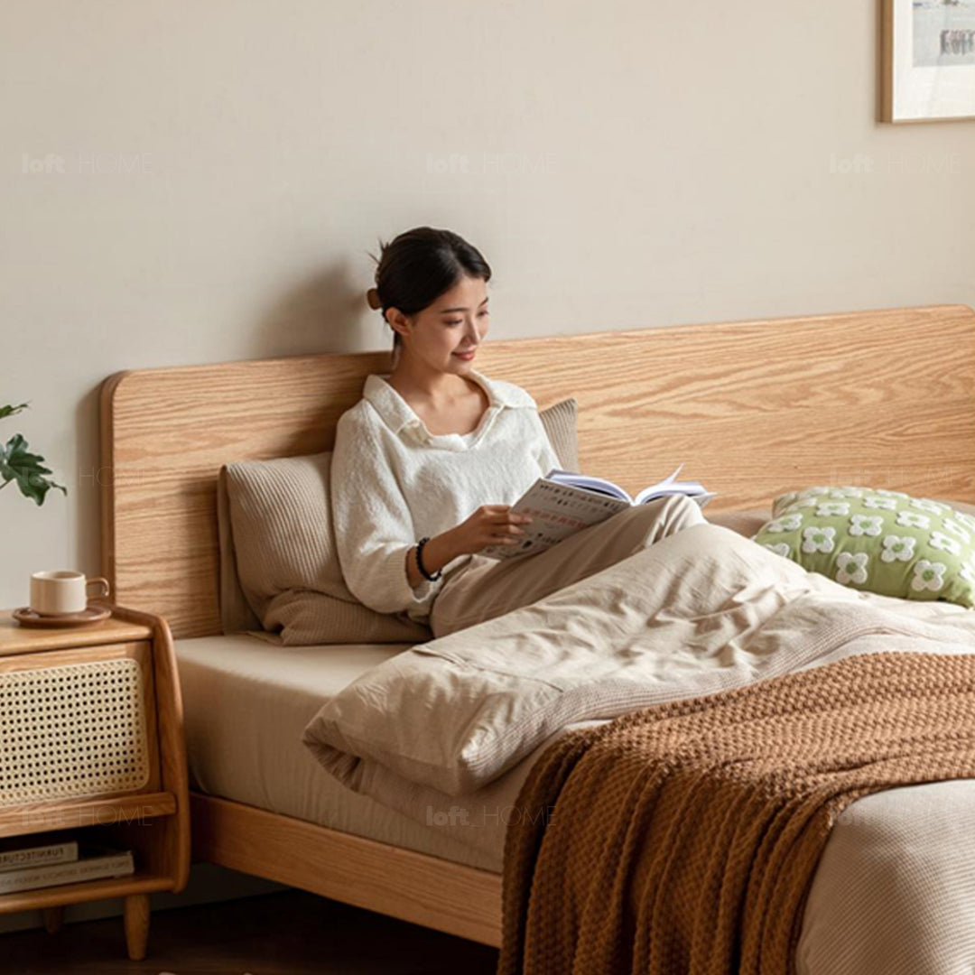 Scandinavian oak wood floating bed drift in still life.