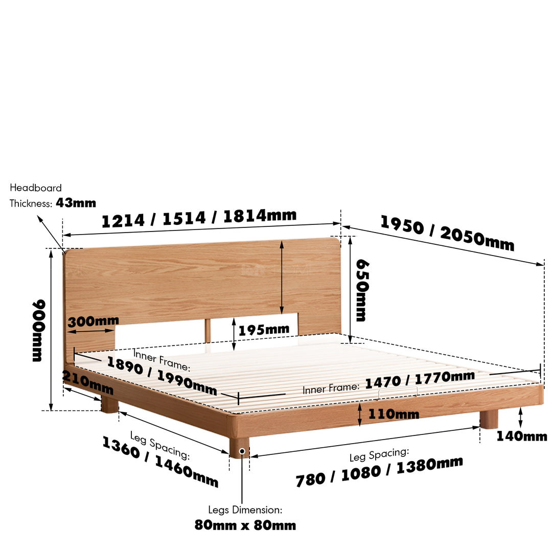 Scandinavian oak wood floating bed drift size charts.