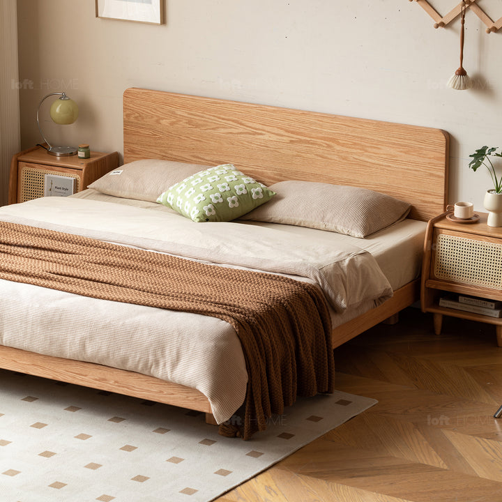 Scandinavian oak wood floating bed drift in real life style.